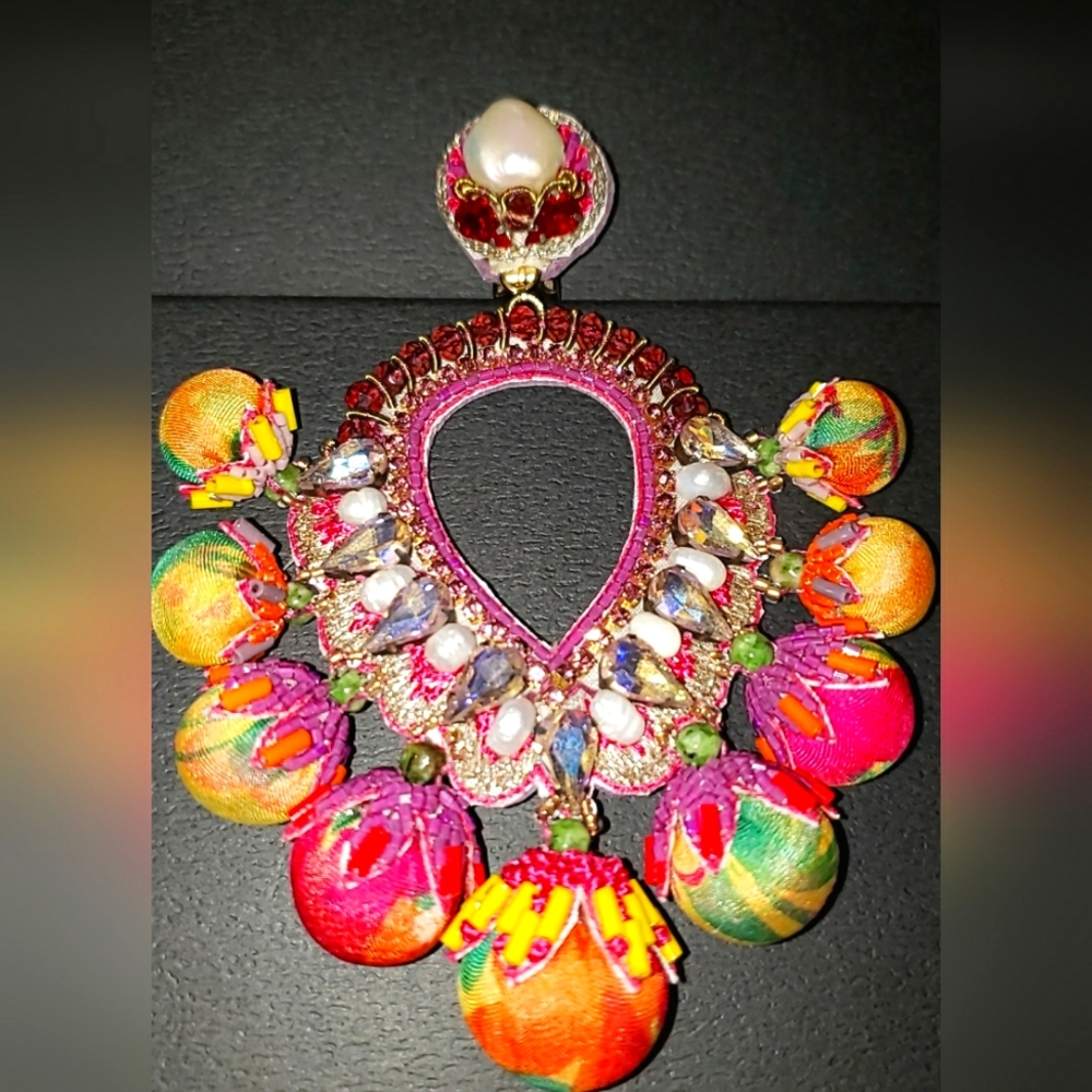 Beautiful Rajana Khan Ipanema teardrop shape poms colorful earrings